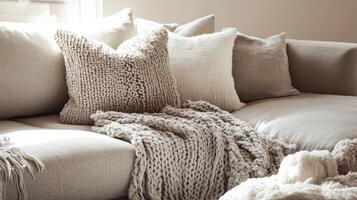 Serene Haven A Cozy Couch with Plush Pillows and a Knitted Blanket, Inviting Comfort and Relaxation in a Modern Interior Design, Perfect for Home Decor Inspiration photo