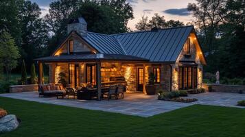 Enchanting Stone House Exterior A Harmonious Blend of Architecture, Landscape, and Cozy Outdoor Living. Evening Twilight Illuminates the Design, Creating a Warm Ambiance. photo