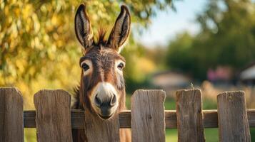 Charming Donkey Portrait A Rustic Encounter Over the Wooden Fence, Capturing the Essence of Rural Farm Life and the Beauty of Nature's Wildlife photo