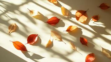 Autumn Leaves Still Life A Minimalist Composition of Seasonal Foliage with Warm Tones, Natural Light, and Organic Textures for a Botanical Aesthetic Backdrop photo