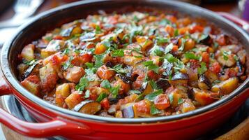 A Symphony of Flavors Eggplant and Tomato Medley with Fresh Herbs in a Rustic Pan, a Culinary Masterpiece of Vegan and Vegetarian Cuisine. photo