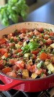 A Vibrant Ratatouille A Culinary Symphony of Fresh Tomatoes, Eggplant, and Basil, Harmoniously Blended for a Delicious and Healthy Vegetarian Meal. photo