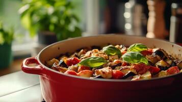 Ratatouille A Symphony of Flavors in a Rustic Pan. Fresh Eggplant, Tomatoes, and Basil harmonize in this Culinary Masterpiece. A Healthy and Delicious Vegetarian Dish photo