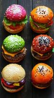Vibrant Gourmet Burgers A Colorful Culinary Delight with Fresh Ingredients on a Wooden Table, Perfect for Lunch, Dinner, or a Tasty Snack. photo