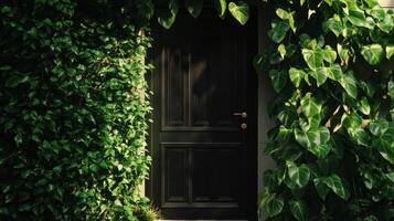 Enigmatic Entrance A Verdant Doorway Embraced by Nature's Greenery, Where Rustic Charm Meets Botanical Beauty, Inviting Serenity and Timeless Elegance. photo