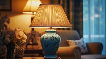 Illuminated Still Life A Lamp's Warm Glow in a Cozy Interior, Accented by Flowers and Elegant Design, Creating a Tranquil and Inviting Ambiance in a Stylish Home photo