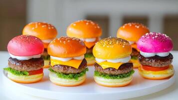 A vibrant tableau of miniature burgers, each a culinary jewel, adorned with colorful buns and fresh ingredients, inviting a feast for the eyes and a symphony of flavors. photo