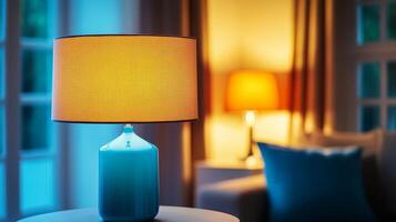 Tranquil Interior A Modern Lamp Radiating Warmth in a Cozy Room, Stylish Home Decor, and Serene Night Ambiance with Soft Illumination and Elegant Design. photo