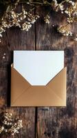 Elegant Invitation Mockup A Golden Envelope with Blank Card on Rustic Wood, Adorned with Delicate Dried Flowers for Weddings, Celebrations, and Personalized Greetings photo