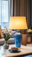 Elegant Interior Still Life A Harmonious Blend of Light, Design, and Floral Accents for a Luxurious Home Aesthetic. Serene Room with Lamp, Vase, and Bowl. photo