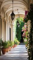 Enchanting Courtyard A Symphony of Arches, Lanterns, and Blooming Flowers in a Tranquil Garden Path, Where Classic Architecture Meets Floral Elegance. photo