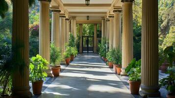 Elegant Colonnade A Classical Architectural Marvel with Lush Greenery, Symmetry, and Timeless Design, Perfect for Garden Views and Outdoor Spaces photo