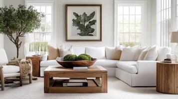 Serene Interior A Harmony of Comfort, Style, and Natural Elements in a Bright Living Space, Featuring Elegant Furniture, Cozy Couch, and Inviting Decor photo