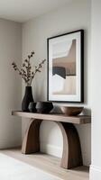 Serene Interior Minimalist Decor with Abstract Art, Wooden Table, and Elegant Vases for a Modern Home Aesthetic. Stylish Residence with Artistic Still Life. photo