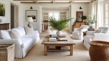 Elegant Living Room Interior A Harmonious Blend of Comfort, Style, and Natural Light, Featuring Plush Seating, Rustic Accents, and Timeless Design Elements photo