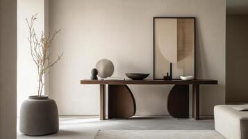 Elegant Interior Design Modern Table with Artistic Decor, Minimalist Still Life Composition in Neutral Tones for a Luxurious Home Aesthetic photo