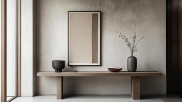 Serene Interior Minimalist Decor with Abstract Art, Wooden Table, and Elegant Vase. A Modern Home Design Exuding Simplicity and Style. Still Life Composition. photo
