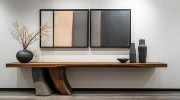 Elegant Interior Design Wooden Table with Vases and Abstract Art for a Modern Home Decor, Minimalist Style, and Luxurious Living Space photo