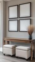 Elegant Interior Design Four Square Frames, Wooden Table, and Stylish Ottomans for a Modern Home Decor Accent photo