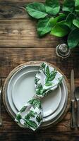 Rustic Table Setting with Green Leaves photo