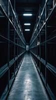 Endless Aisles A Warehouse Perspective with Empty Shelves, Industrial Storage and Metal Racks for Inventory Management and Organized Distribution System photo