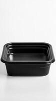 Sleek Black Plastic Food Container Square, Empty, and Ready for Takeout, Perfect for Meal Prep, Storage, and Disposable Use in Restaurants or Kitchens photo