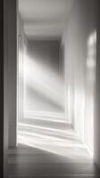Sunlit Serenity A Minimalist Hallway Interior with Geometric Shadows, Clean Lines, and Modern Design, Inviting Perspective and Empty Space in Monochrome Palette. photo