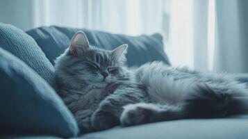 A Gray Cat's Peaceful Nap on a Cozy Couch, Embracing Comfort and Relaxation in a Tranquil Home Setting, a Moment of Pure Feline Bliss photo