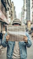Engrossed Man Reading Newspaper in City Street photo