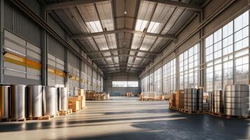 Vast Industrial Warehouse A Symphony of Space, Storage, and Streamlined Logistics for Efficient Distribution and Commercial Trade in a Modern Factory Setting photo