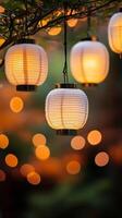 Enchanting Glow Paper Lanterns Illuminate a Festive Night, Casting a Warm, Ornamental Light in a Serene Garden Setting, Perfect for Celebrations and Cultural Events. photo