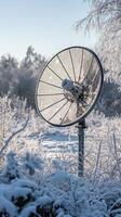 Icy Satellite Dish A Winter's Tale of Technology and Nature. Frozen antenna under a blue sky, transmitting signals across a snow-covered landscape. photo