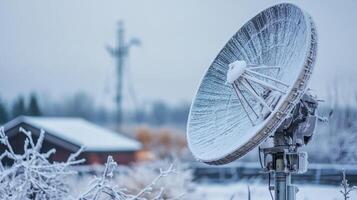 Frozen Satellite Dish A Winter Landscape of Technology. Explore the serene beauty of a snow-covered antenna, capturing the essence of winter and technology photo