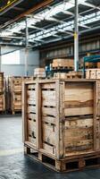 Wooden Crates on Pallets in a Warehouse photo