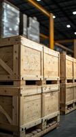Stacked Wooden Crates in a Warehouse photo