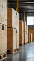 Stacked Wooden Crates on Pallets in Warehouse photo
