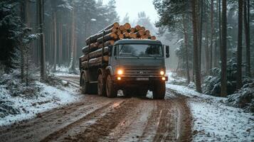 Heavy Logging Truck Transports Timber Through Snowy Forest photo