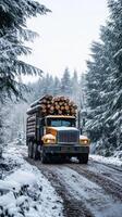 Winter Logging A Heavy Truck Transports Lumber Through a Snowy Forest Road. A Cold Countryside Scene with Trees, a Rural Path, and Natural Resources. photo