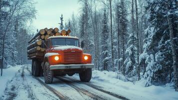 Red Logging Truck Transporting Timber Through a Snowy Winter Forest photo