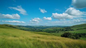 Serene Green Landscape Rolling Hills, Lush Grass, and a Sky Full of Clouds - A Pastoral Vista of Tranquility and Natural Beauty photo