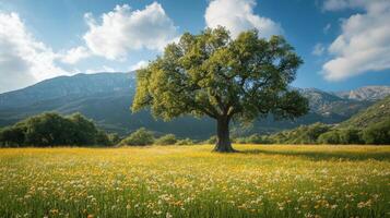 Enchanting Landscape A Lone Tree Stands Guard Over a Meadow of Wildflowers, Backed by Majestic Mountains and a Sky Painted with Clouds, Evoking Summer's Beauty. photo