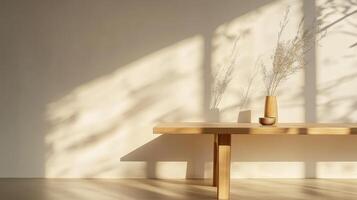 Serene Still Life Wooden Table with Vase and Shadows - A Minimalist Interior Design Element for a Modern Home, Creating a Calm and Tranquil Aesthetic photo