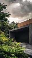 Striking Modern Architecture Concrete and Wood Facade Amidst Lush Greenery photo