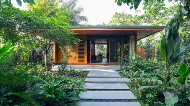 Modern Architecture Harmonious Blend of Home and Nature with Lush Greenery, Wood Facade, and Stone Path for Serene Living in a Beautifully Designed House. photo