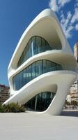 Striking Modern Architecture A White Building with Curved Glass Facade, a Contemporary Urban Landmark Blending Futuristic Design with Geometric Elegance. photo