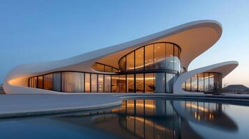 Modern Architecture Luxury Villa with Pool, a Contemporary Home Design Blending Urban Style and Residential Elegance, Reflecting Beauty in a Serene Landscape photo