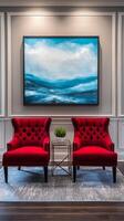 Elegant Red Chairs in a Stylish Interior with Ocean Artwork, a perfect blend of modern comfort and classic luxury, creating a sophisticated and inviting living space. photo
