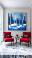 Winter's Embrace A Serene Interior with Crimson Accents and a Snowy Landscape Painting, Bathed in Soft Light, Reflecting Elegance and Modern Design. photo