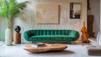 Elegant Interior Design A Symphony of Green Velvet Sofa, Organic Wood Coffee Table, and Modern Art Accents in a Luxurious Living Space, Creating a Stylish and Inviting Home. photo