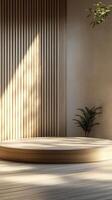 Zen Interior Design Minimalist Wooden Podium with Natural Light, Perfect for Product Display and Mockups, Creating a Serene and Modern Aesthetic Space photo
